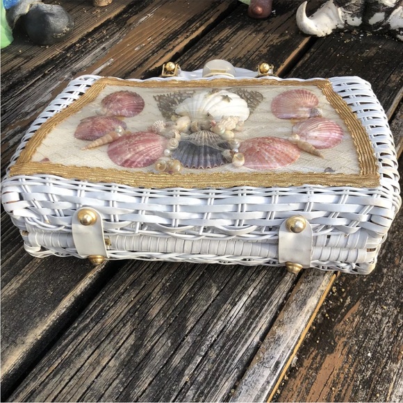 Princess Charming Atlas SeaShell Seahorse Beach Wicker Purse Bag Vintage 50s 60s - Picture 9 of 12